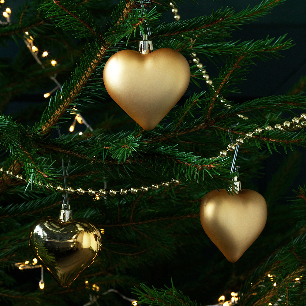 Julgranskulor plasthjärtan, guld