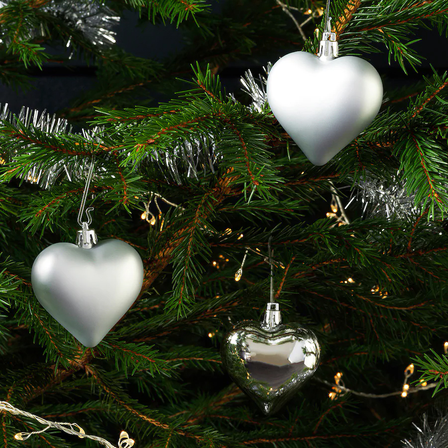 Julgranskulor plasthjärtan, silver