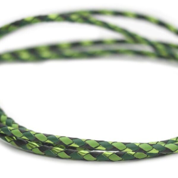 Utställningskoppel i känguruläder, flätat i färgerna lime, dark green, yellowgreen & jade