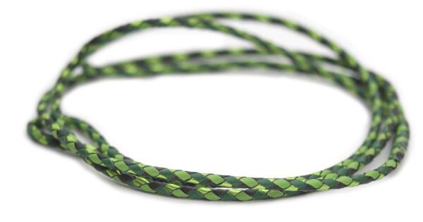 Utställningskoppel i känguruläder, flätat i färgerna lime, dark green, yellowgreen & jade