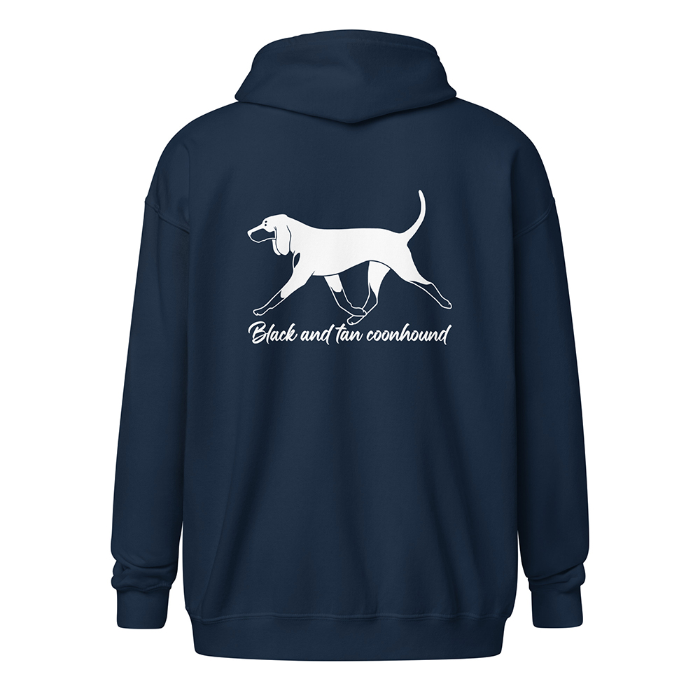 unisex-heavy-blend-zip-hoodie-navy-back-Black and tan coonhound 1332 sv