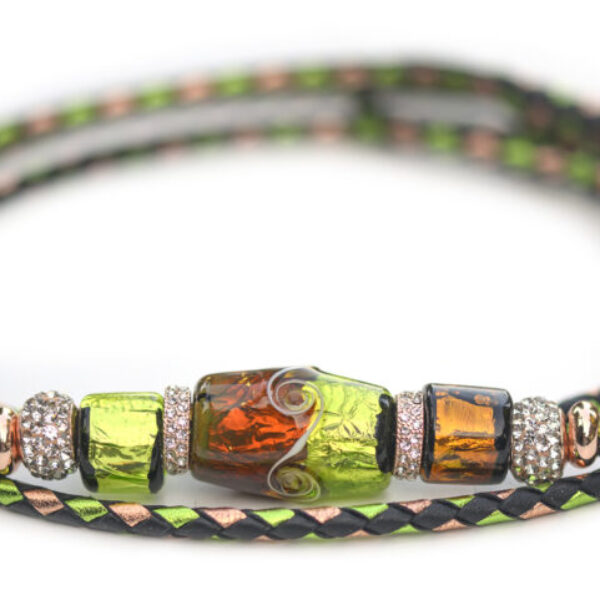 Utställningskoppel i känguruläder, flätat i färgerna black, copper & yellowgreen