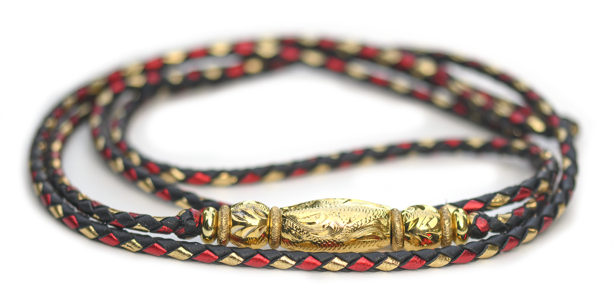 Utställningskoppel i känguruläder, flätat i färgerna black, fire red & gold
