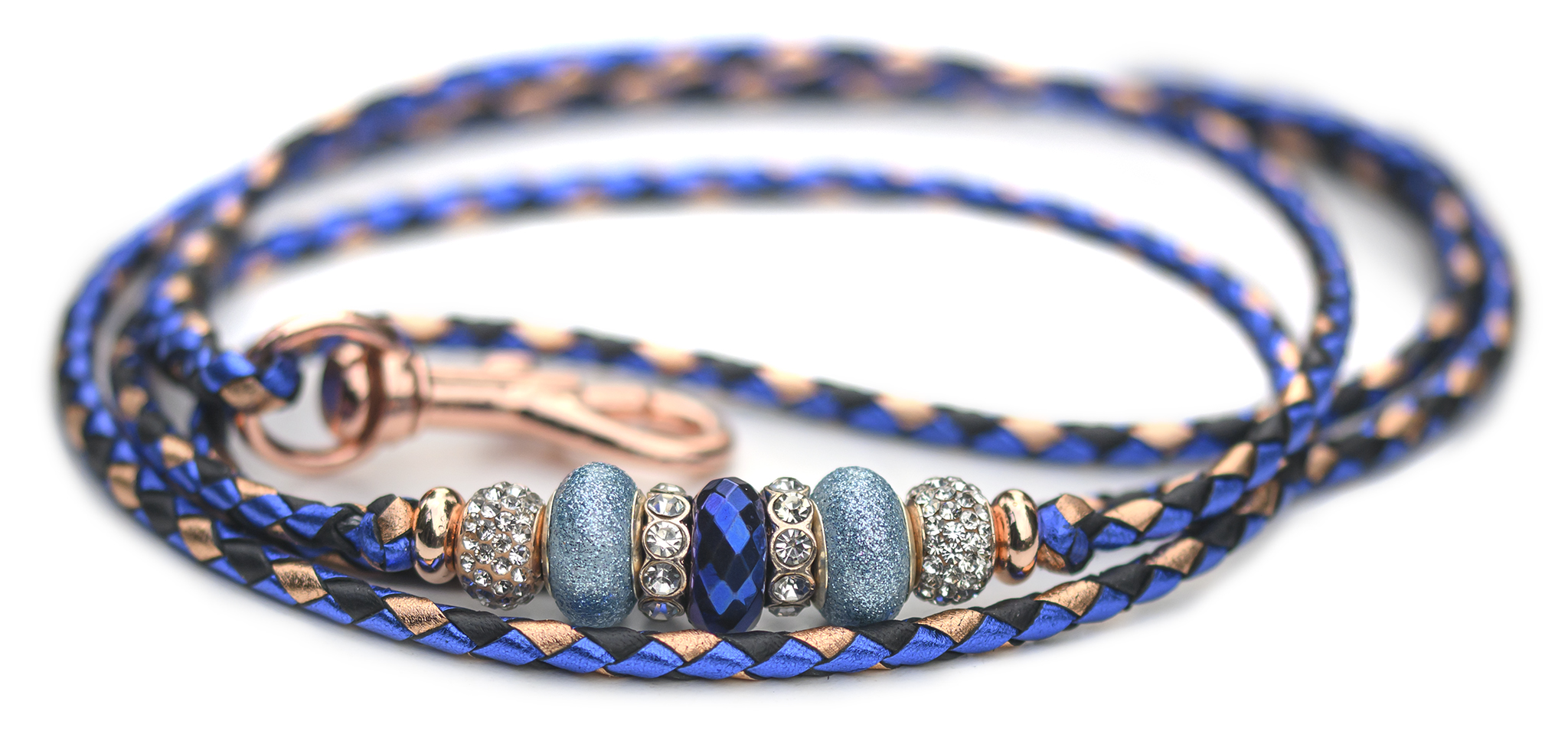 Exklusivt utställningskoppel i flätat känguruläder i ocean blue, black & copper